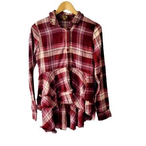 True Craft Flannel Plaid Burgundy Layered Top High Low Size Small